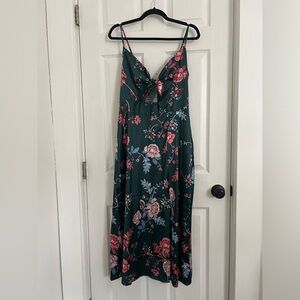 emerald green floral satin midi dress